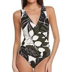 Carmen Marc Valvo NWT Black Green Floral Wrap One-Piece Swimsuit